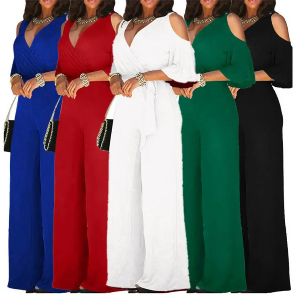 2023 Spring And Autumn Women Jumpsuit Hollowed Out Strapless Solid Color Women Jumpsuit V-neck High Waist Belt Wide-leg Pant