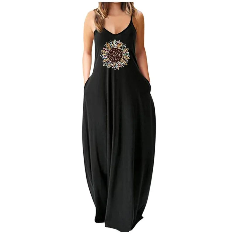 2024 Summer New Women's Minimalist Korean Spliced Sling Elegant Chic Printed Loose Sleeveless Comfortable Casual Long Dress