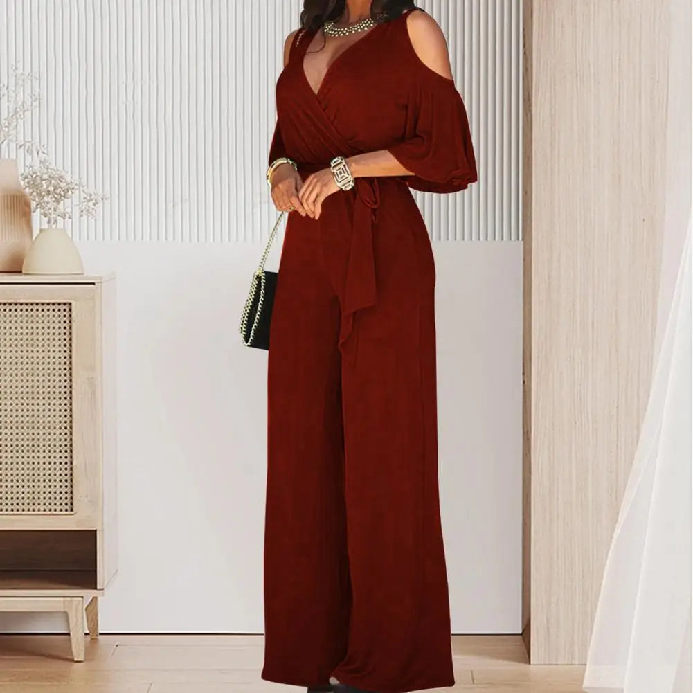 2023 Spring And Autumn Women Jumpsuit Hollowed Out Strapless Solid Color Women Jumpsuit V-neck High Waist Belt Wide-leg Pant