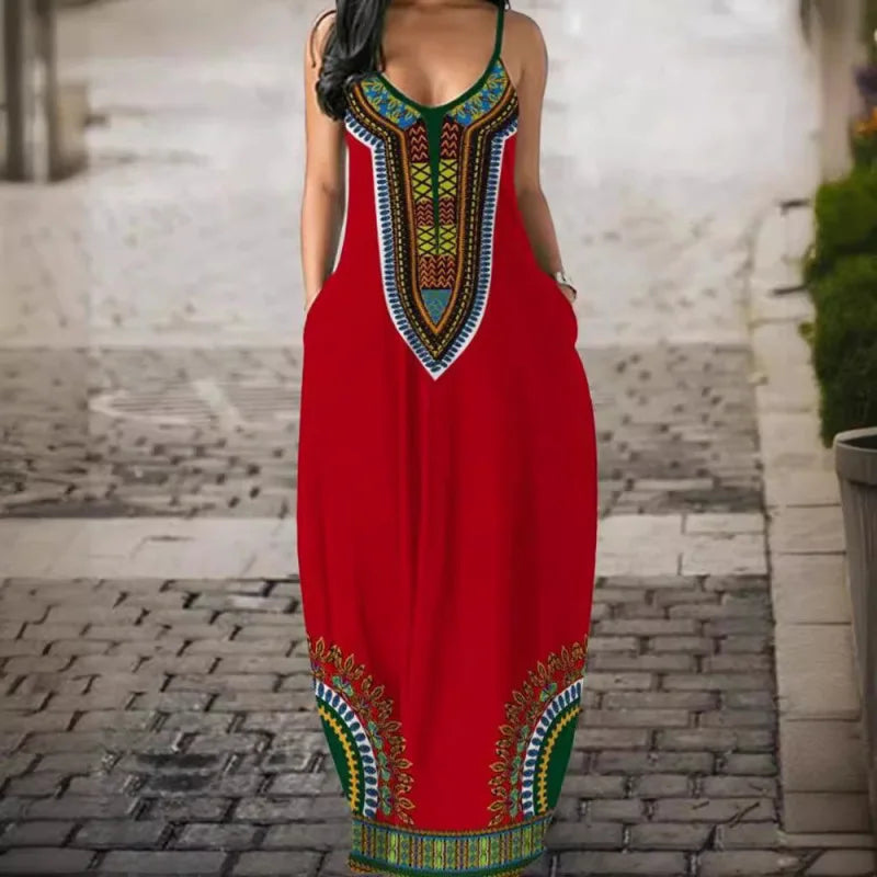 2024 Summer New Women's Minimalist Korean Spliced Sling Elegant Chic Printed Loose Sleeveless Comfortable Casual Long Dress